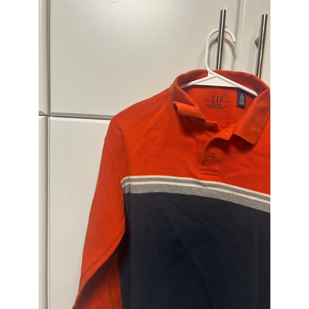 Gap Mens XS Long Sleeve Pique Polo Shirt Orange Navy Blue Colorblock Cotton - Picture 2 of 16